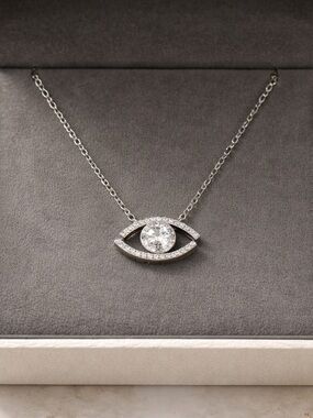 Sterling Silver Evil Eye Pendant Necklace with Clear Mosanite Crystal